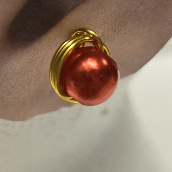 Hand Crafted Gold and Red Faux Pearl Post Earrings - Picture 4 of 10